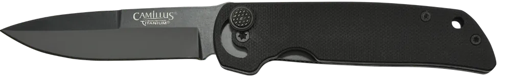 Camillus Cuda Mini Knife 3" Folding Drop Point Plain Black Carbonitride Titanium AUS-8A SS Blade, Black Textured G10 Handle 19637