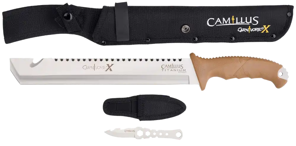 Camillus Carnivore Machete 12" Silver Ti Bonded 440 SS Blade, Brown ABS Handle, 18" Long Includes Sheath 19236-003