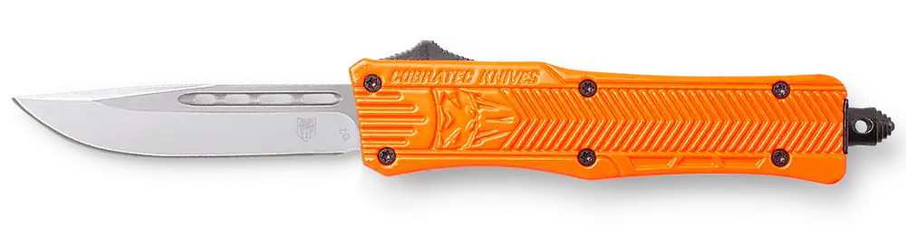 CobraTec Knife CTK-1 Small 2.75" OTF Drop Point Plain D2 Steel Blade/Orange Aluminum Handle Features Glass Breaker Includes Pocket Clip SORCTK1SDNS